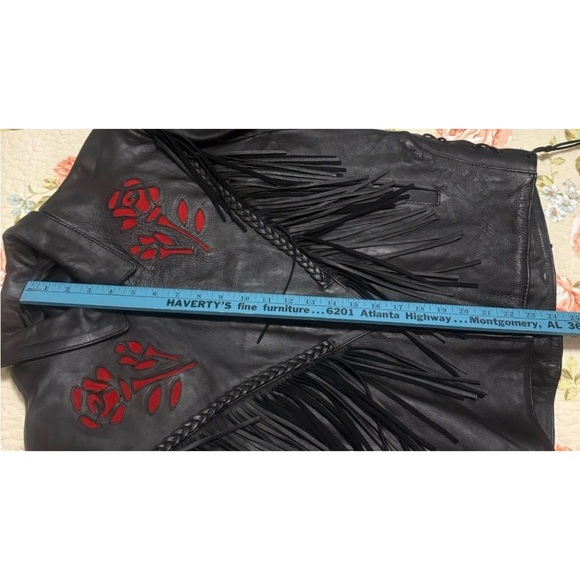 Women’s Black Fringe Leather Biker Motorcycle Jacket Rose Pattern Size Large - Picture 11 of 14